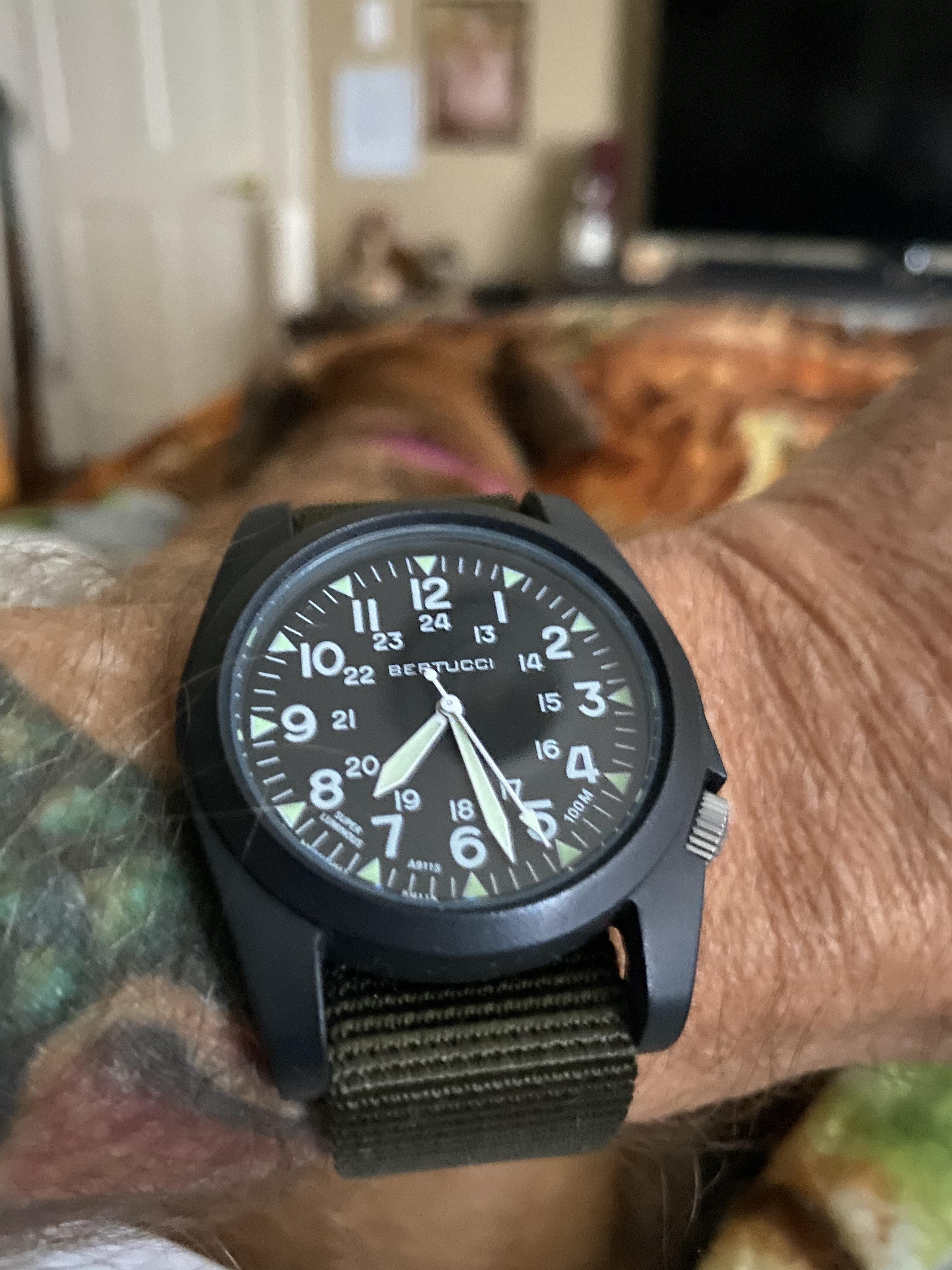 Bertucci Sportsman Vintage Field Watch, Olive Nylon Strap, Black